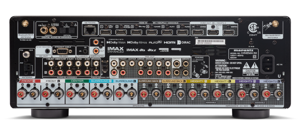 Rear image of Marantz Cinema 50 showing all inputs and outputs plus speaker terminals.