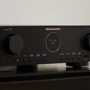 Marantz Cinema 70 angled away from left to right showing Blu-ray input selected.