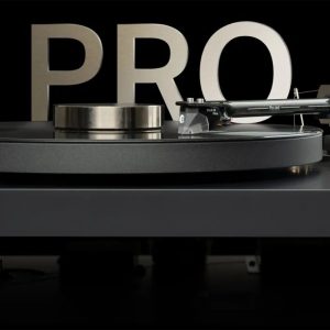 ProJect Debut Pro turntable in black with no dust cover front on.