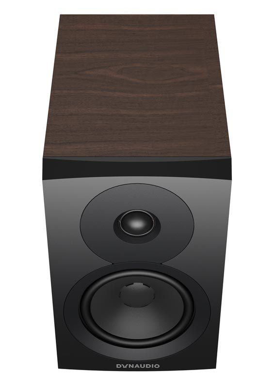 Dynaudio Emit 10 in Walnut finish top down view showing front on an angle
