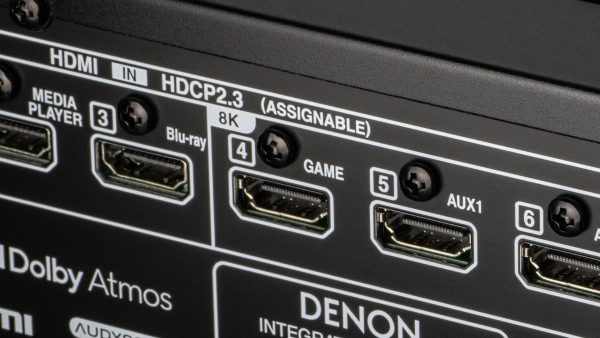 Closeup of HDMI ports on Denon AVR-X2800 with focus being on 8K HDMI inputs.