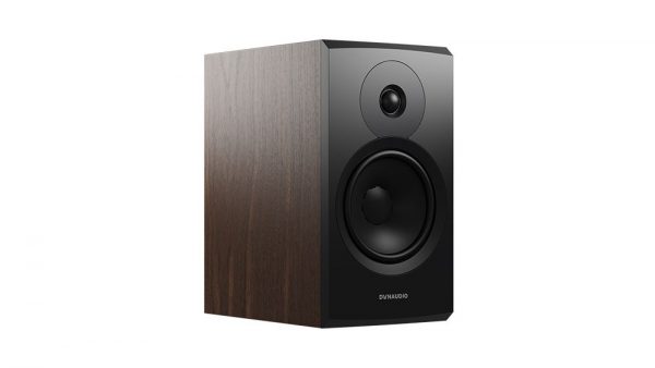Walnut Dynaudio Emit 20 bookshelf speaker angling away to the right without speaker grill.