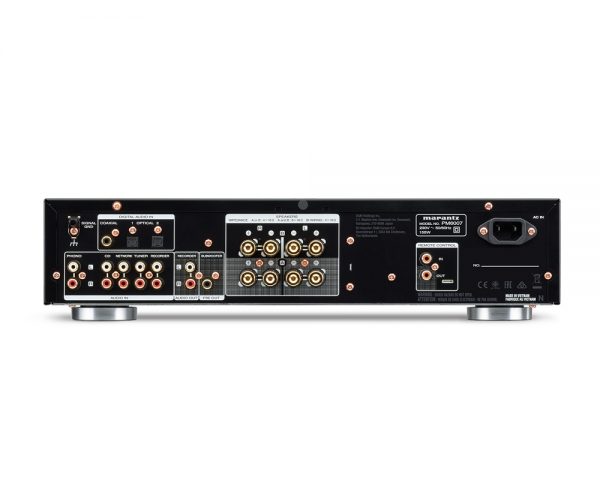 Rear view of Marantz PM6007 Integrated amplifier showing speaker binding posts, phono stage and various analog inputs.