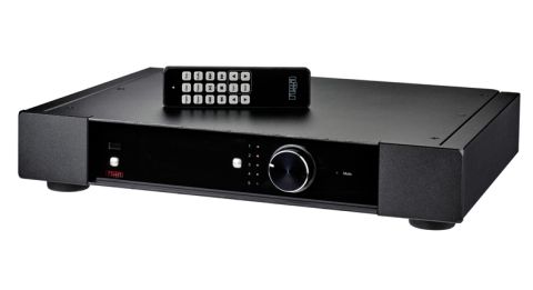Forward view of Rega Elex-R Intergrated amplifer with remote control angling away and to the left.