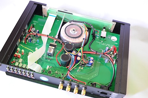 Internal view of Rega Elex-R intergrated amplifer showing power supply and more.