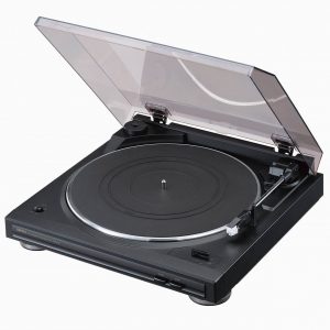 Black Denon DP29F Turntable with dust cover open.