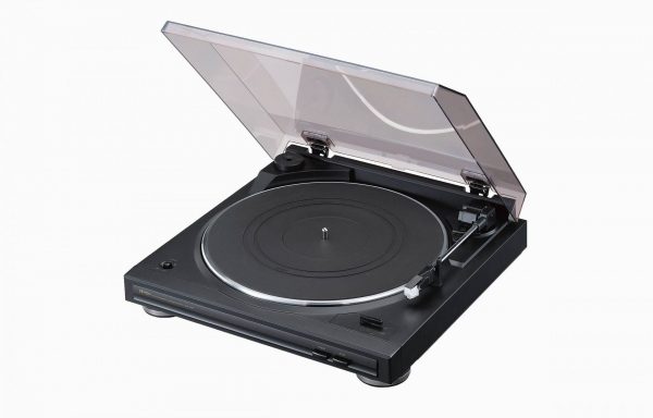 Black Denon DP29F Turntable with dust cover open.
