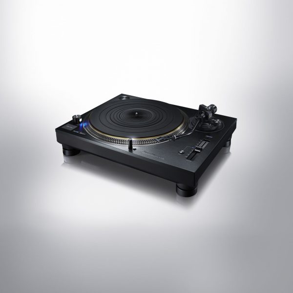 Image showing Technics SL1210GR in Black without dust cover and powered on showing the blue LED.