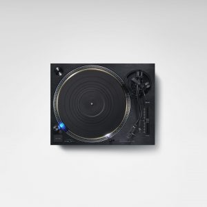 Direct top down view of Technics SL1210GR in black with no dust cover.