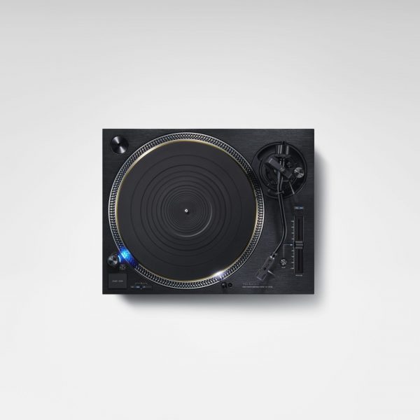 Direct top down view of Technics SL1210GR in black with no dust cover.